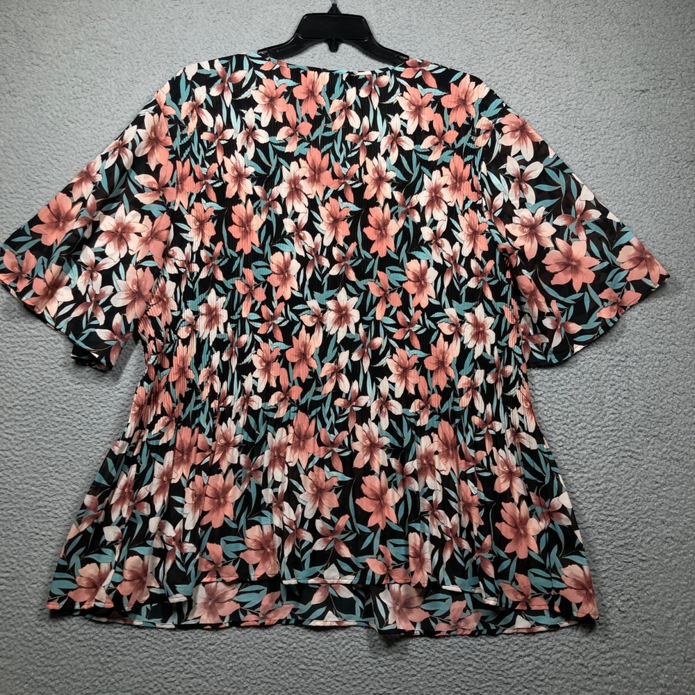 Catherines Floral Tunic Blouse Women 3X Black Peach Pleated Split Flutter Sleeve - Picture 7 of 8